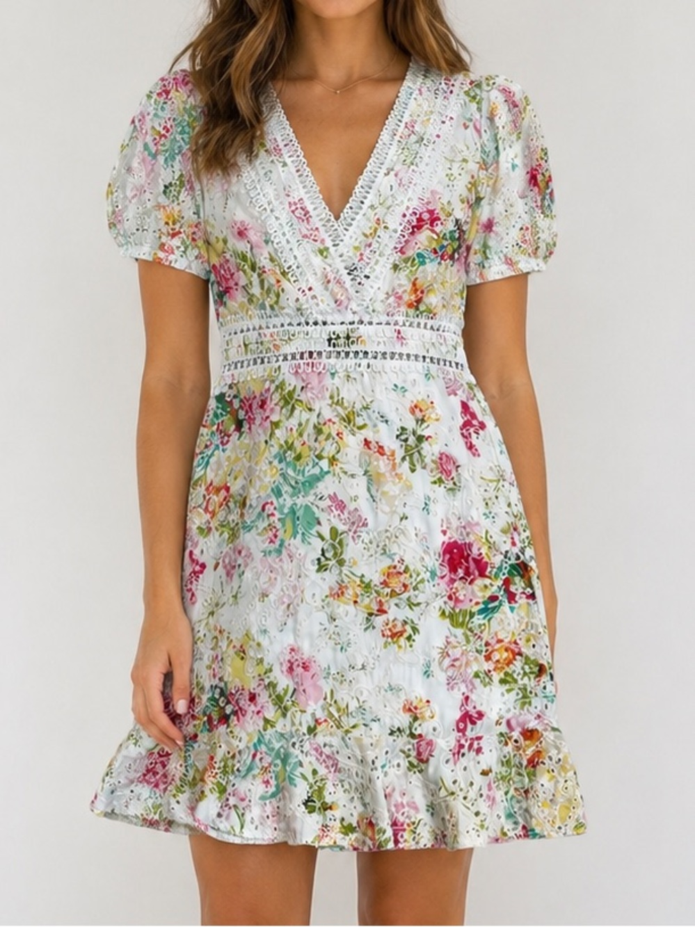 Alice Blue Floral Eyelet Mini Dress Puff Sleeve Cottagecore White Pink S